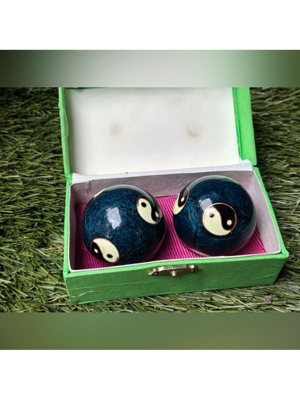VINTAGE Cloisonné Yin-Yang Baoding Balls • Deep Blue Enamel • Meditation Chime - Picture 2 of 11